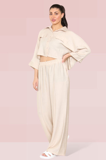 KATCH ME Beige Versatile Half Sleeve Button Crop Top & Elastic Waist Trousers Co-ord Co-ord